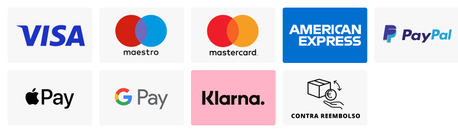 VISA, maestro, mastercard, American Express, PayPal, Apple Pay, Google Pay, Klarna, Contra Reembolso